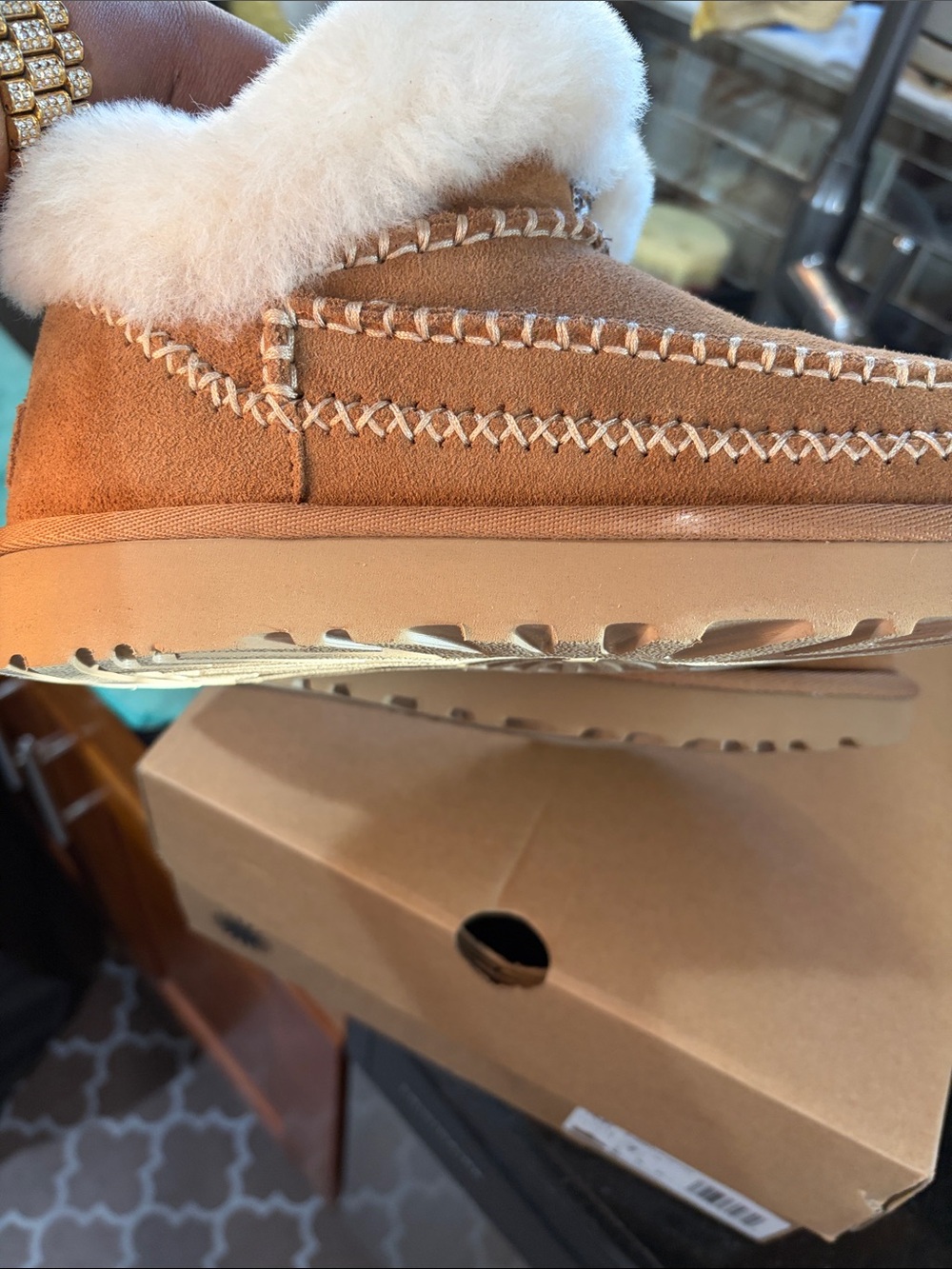 UGG women Chestnut Suede Shearling Moccasin Boots - Picture 3 of 7